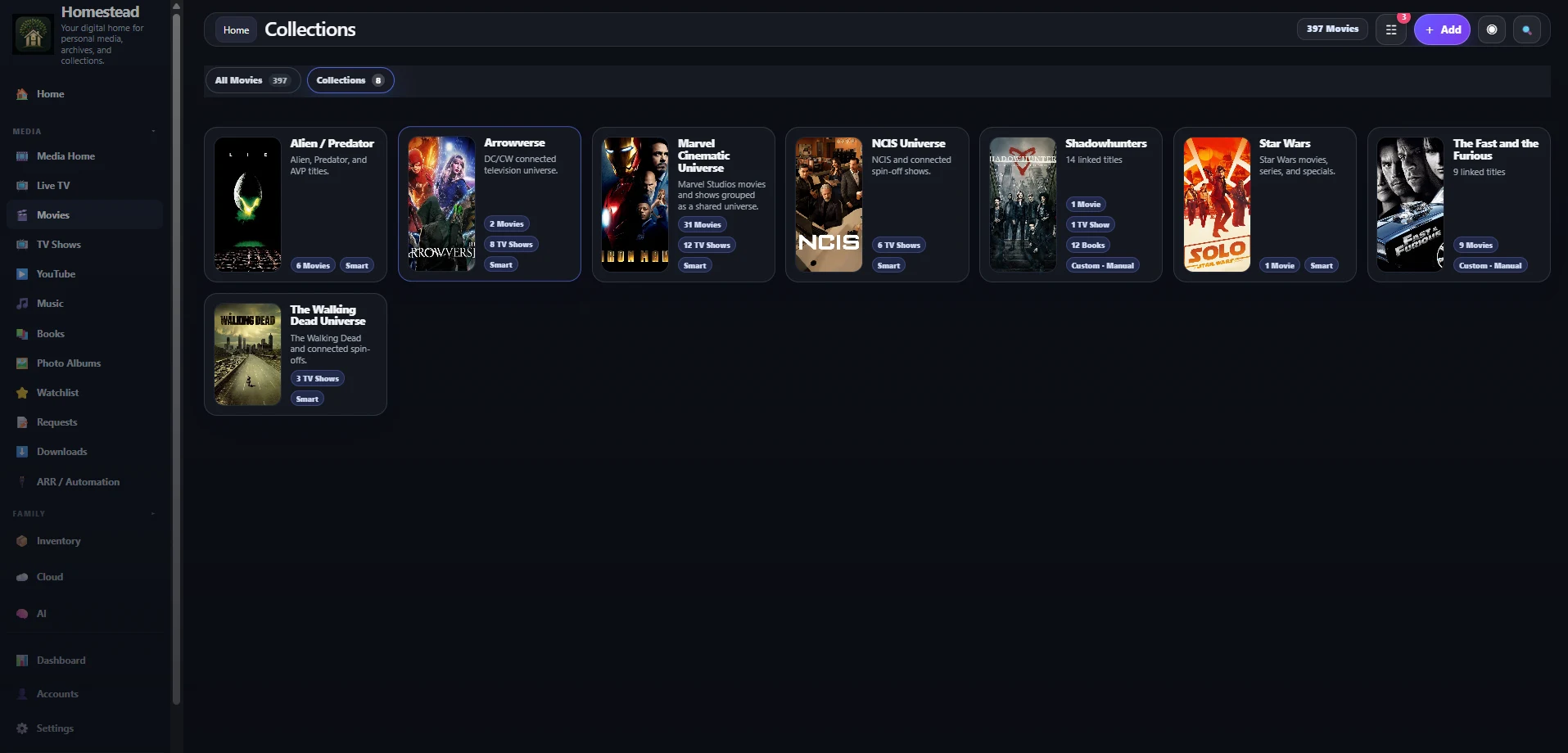 Development build with collections spanning movies, TV and books