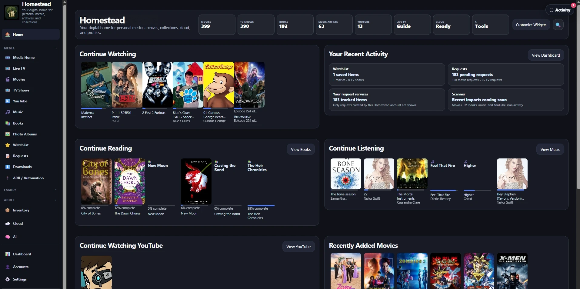 Homestead home dashboard with continue watching, reading, listening, YouTube and recent activity